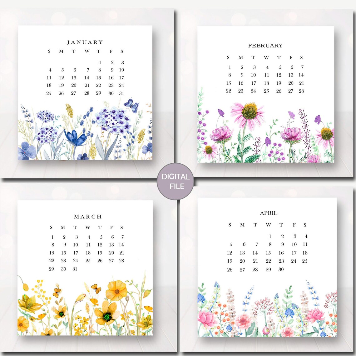 Watercolor Wildflowers 2026 Mini Calendar: Printable Desk Decor (PDF ...