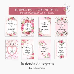Spanish Valentine set x8 Bible Verse Tags, 1 Corintios 13  Cards, El Amor es Tags, Spanish  Love Bible Verse Cards