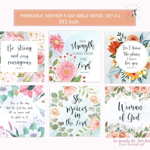 Op de afbeelding: Set van zes 7,6 x 7,6 cm Moederdag Bijbelvers prints. Elke vierkant heeft bloemen aquarel ontwerpen en inspirerende citaten. Verzen zijn onder meer "Her strength comes from the Lord" en "Woman of God".