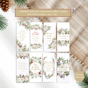 May include: Set of eight Spanish Winter Christmas Bible Verse bookmarks. Each bookmark features floral arrangements with white flowers, red berries, and green leaves. The bookmarks have Spanish text, including "Feliz Navidad" and "Emanuel".