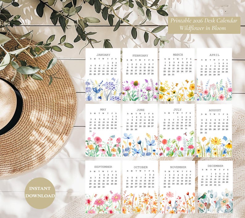 Watercolor Wildflower 2026 Calendar: Printable Floral Mini Desk ...