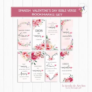 May include: A set of eight Spanish Valentine's Day Bible verse bookmarks. Each bookmark features floral designs and verses about love. The bookmarks are white with pink and red floral accents and text.
