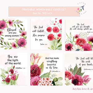 Conjunto de 6 cartões com versículos bíblicos para impressão, cartões com versículos bíblicos para mulheres, versículos bíblicos para o Dia das Mães. Cartões com versículos bíblicos