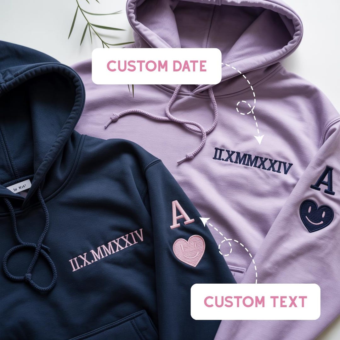 Custom Date Hoodie, Matching Couple Hoodies, Initial Sleeve Patch