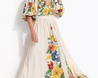 Farm Rio - Crème maxi-jurk met pofmouwen en bloemen