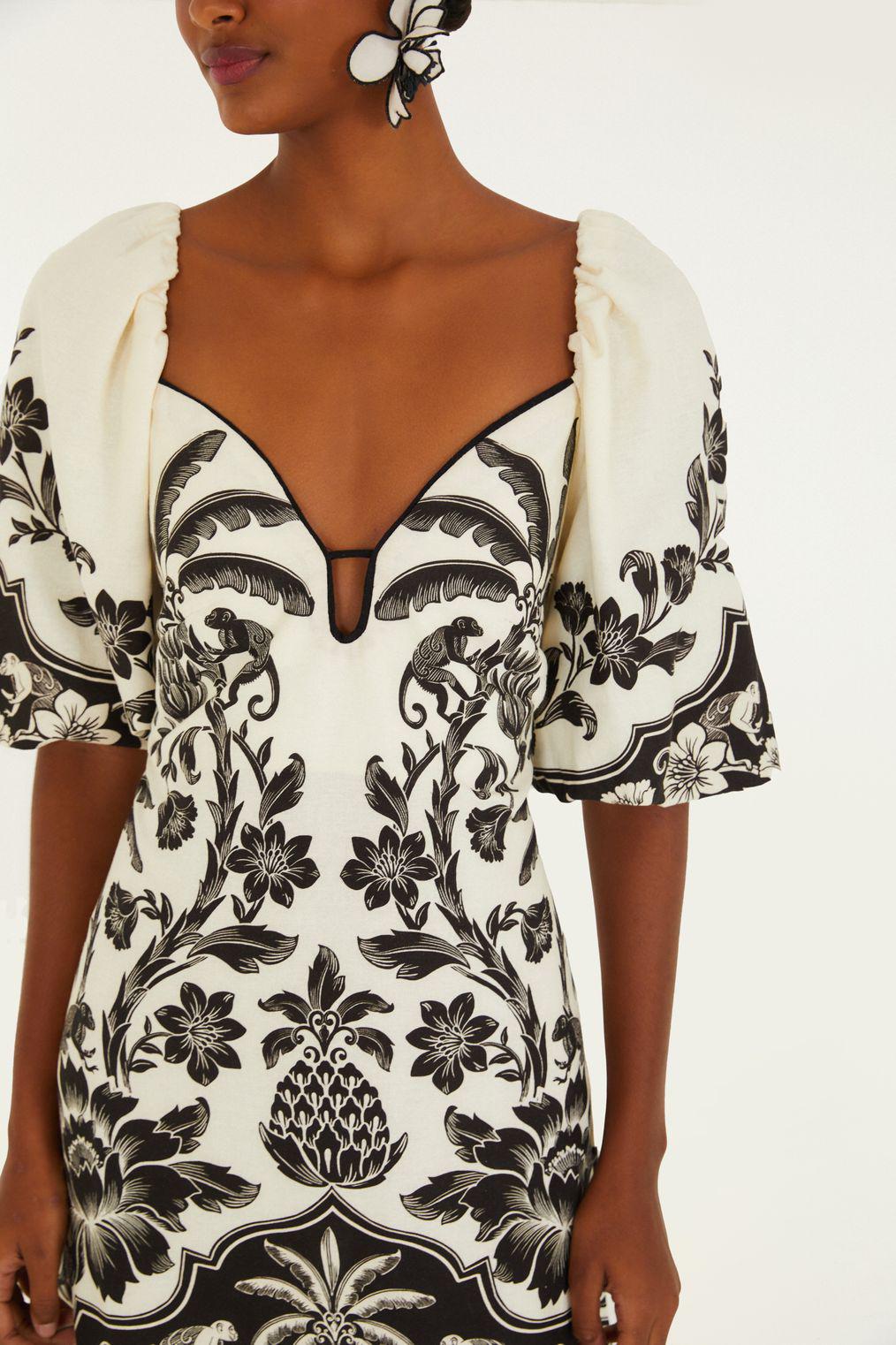 farm rio puff sleeve mini dress black and white FARM Rio Black RUTA Ruffled Hem Mini Dress, RUTA BEIGE / M main image 1