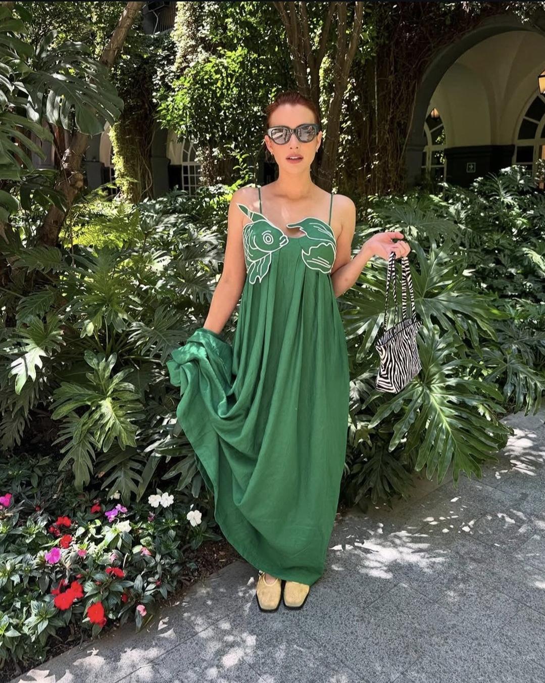 Farm Rio Embroidered Linen Blend Fish Dress in Green