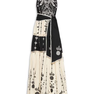Farm Rio Embroidered Black and White Macaw Maxi Dress