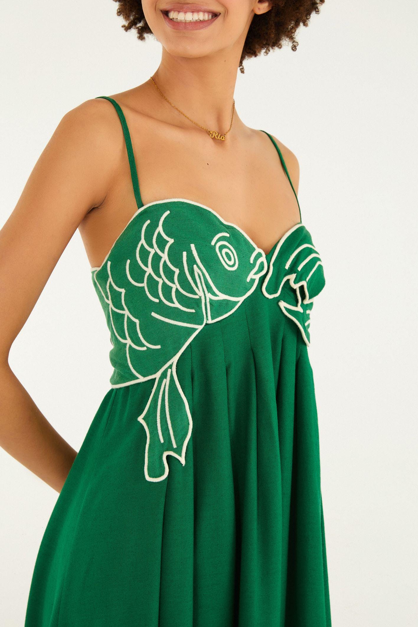 farm rio green fish dress Embroidered Linen Blend in Green monstera leaf