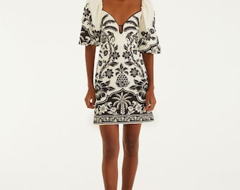 Farm Rio Black on White Puff Sleeve Guanacaste Mini Dress 26