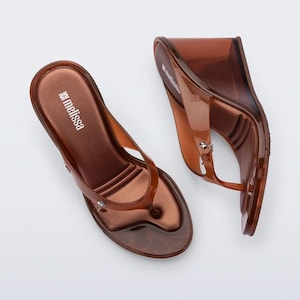 Könnte beinhalten: Ein Paar braune Keilsandalen mit transparentem Design. Die Sandalen haben einen Zehenriemen und ein kleines dekoratives Element. Der Markenname "melissa" ist auf dem Fußbett sichtbar.