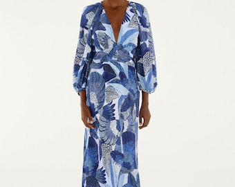 Farm Rio Blue Bird Party Long Sleeve Maxi Dress