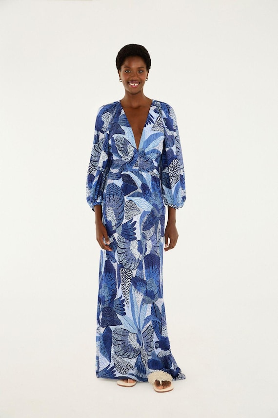 Farm Rio Blue Bird Party Long Sleeve Maxi Dress - Etsy New Zealand