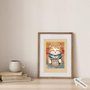 Cat & coffee lovers, coffee nook, office, cozy living space, vintage-inspired aesthetic, Retro Kitchen Decor, Modern Decor, Trendy Wall Art.