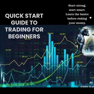 Op de afbeelding: Afbeelding van een gids voor beginners in de handel. De afbeelding toont een stier en een beer in pak, een aandelenkoersgrafiek en de tekst "Quick Start Guide to Trading for Beginners."
