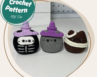 Halloween Crochet Pattern Bundle: Amigurumi Cats - Witch, Mummy, Skeleton (PDF Pattern)