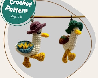 Walking Duck Crochet Pattern Cute Little Hanging Duck with Hat Amigurumi Mini Little Travel Goose Barn Animal Keychain Play Toy