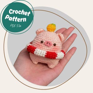 Floatie Piggy Crochet Pattern Swimming Pig with Orange Amigurumi Cute Kawaii Mini Small Barn Animal Play Toy Keychain Baby Pig Plushie