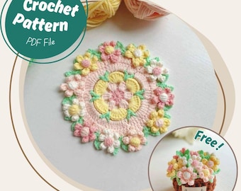 Daisy Flower Coaster Crochet Pattern 2 in 1 Flower Basket Set Coaster For Mom Gift Decor Mini Florals Hand Bouquet Keychain Easy