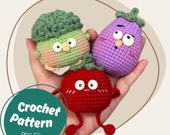 May include: A crochet pattern PDF file showing three amigurumi vegetables: a broccoli, an aubergine, and a tomato. Each crocheted vegetable has large eyes and cute details. The broccoli is green, the aubergine is purple, and the tomato is red.