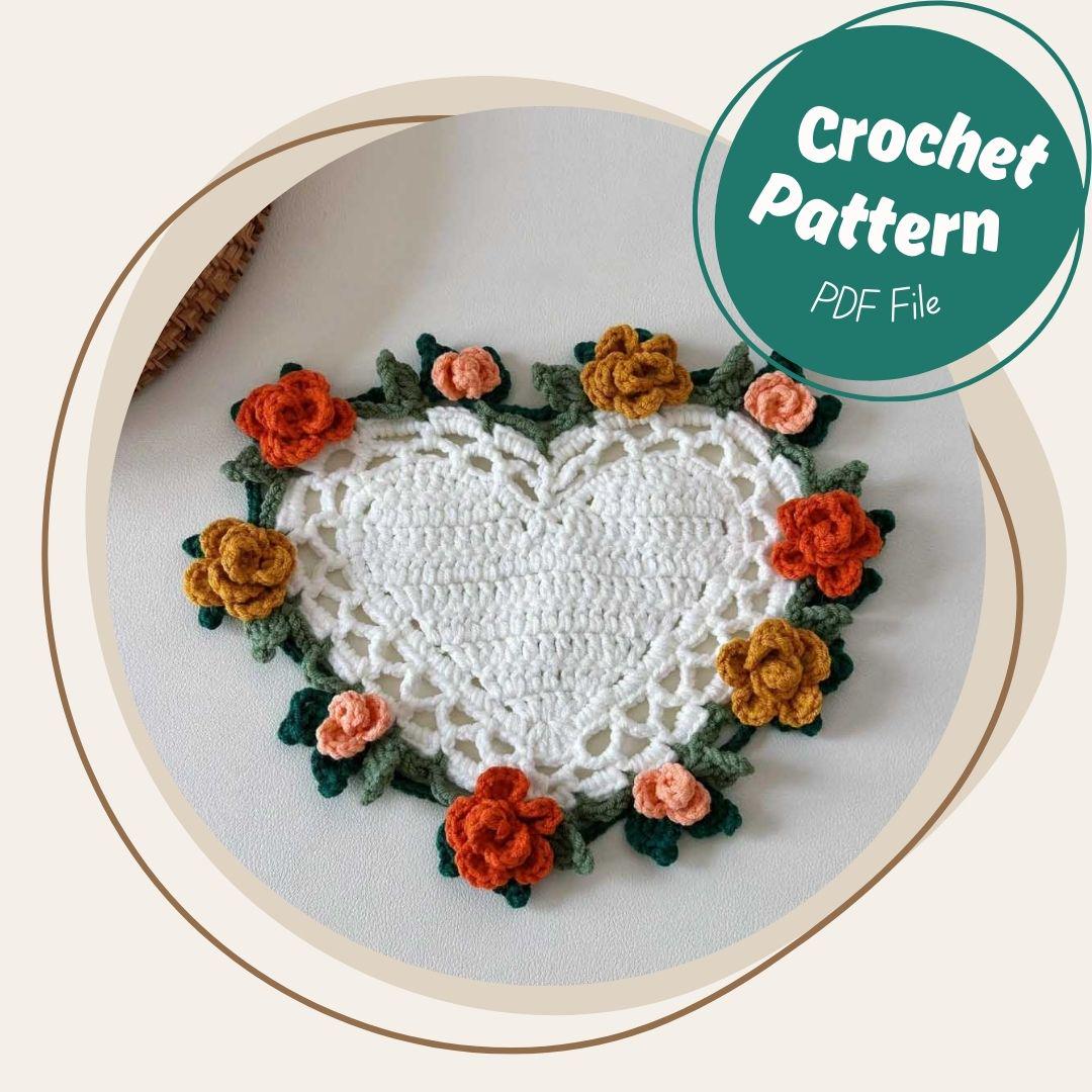 Rose Heart Coaster Crochet Pattern No Sew Granny Love Applique with Rose Flower Leaf Coaster Basket Decor Floral Gift For Mom Photo Tutorial