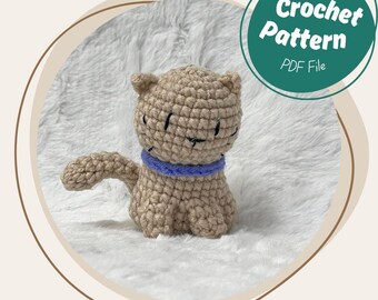 Meow Meow Cat Crochet Pattern Low Sew Sitting Baby Kitten with Collar Stuffed Animal House Cat Siamese Tabby Cat Amigurumi Beginner Friendly