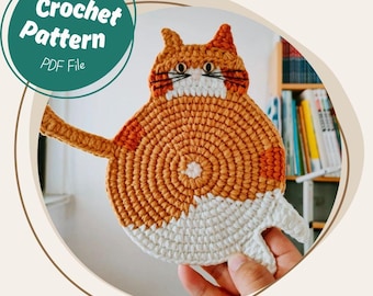 Tricolor Cat Coaster Crochet Pattern Cute Animal Cup Holder Pattern Baby Kitten Coaster Calico/Tuxedo Cat Home Decor Fun DIY Crochet Gift
