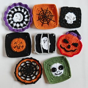 May include: A collection of handmade crochet Halloween-themed coasters. Designs include a spiderweb, a skull, a jack-o'-lantern, a ghost in a cage, and a smiling skull. The coasters are in various colors, including orange, black, white, purple, and green.