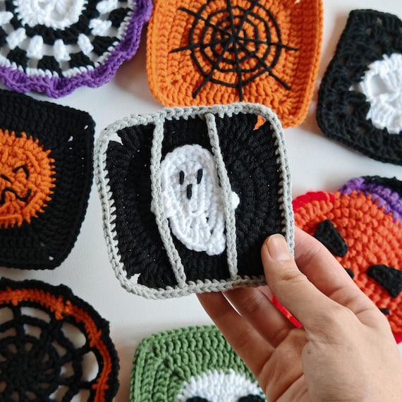 11 In 1 Halloween Coasters and Plush Crochet Pattern Pumpkin Cute Skull Spider Web Spooky Table Decor Gift Granny Square Motif Applique