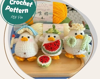 3 In 1 Vacation Duck Crochet Pattern Bundle Beach Duckling Amigurumi Book Watermelon Chubby Duck Play Toy Fruit Holiday Party Duck Plushie