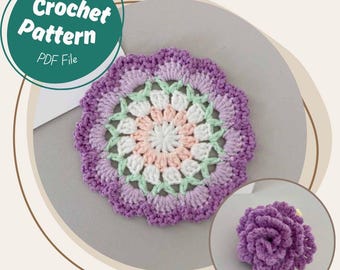 Carnation Coaster Crochet Pattern Easy Quick Flower Rose Mini Floral Bouquet Round Granny Mother's Day Gift Beginner Friendly