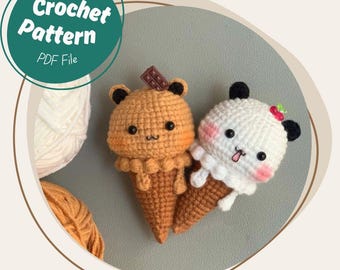 Bear Ice Cream Crochet Pattern Cute Mini Stuffed Animal Ice Cream Cone Desert Amigurumi Chocolate Vanilla Food Plush Toy Summer Gift