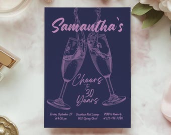 Cheers to Years Birthday Invitation: Fun Champagne Theme (Canva Template, 5x7" Digital Download)