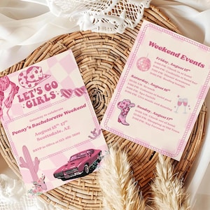 Let&#39;s Go Girls Bachelorette Invitation, Editable Template, Bachelorette Party, Invite and Itinerary, Western Disco Cowgirl