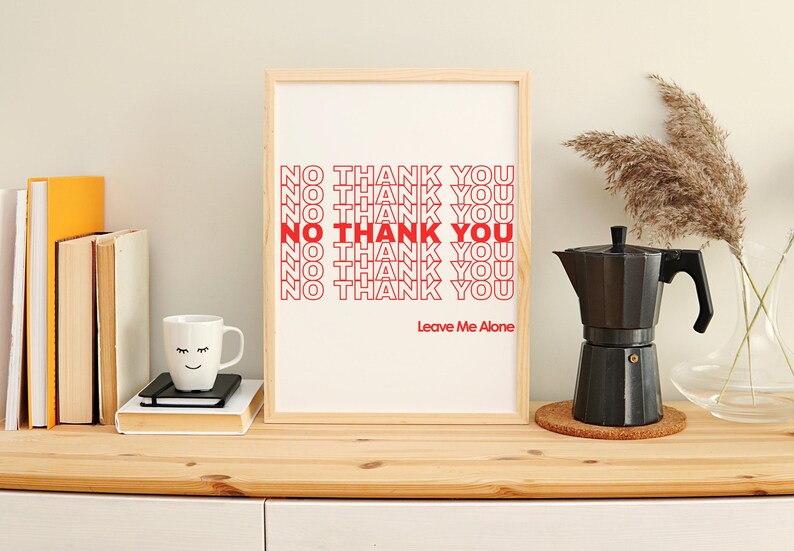 May include: A framed print with the text "NO THANK YOU" in red, with the words "Leave Me Alone" below. A black coffee maker, a white mug with a face, and books are on a wooden surface.