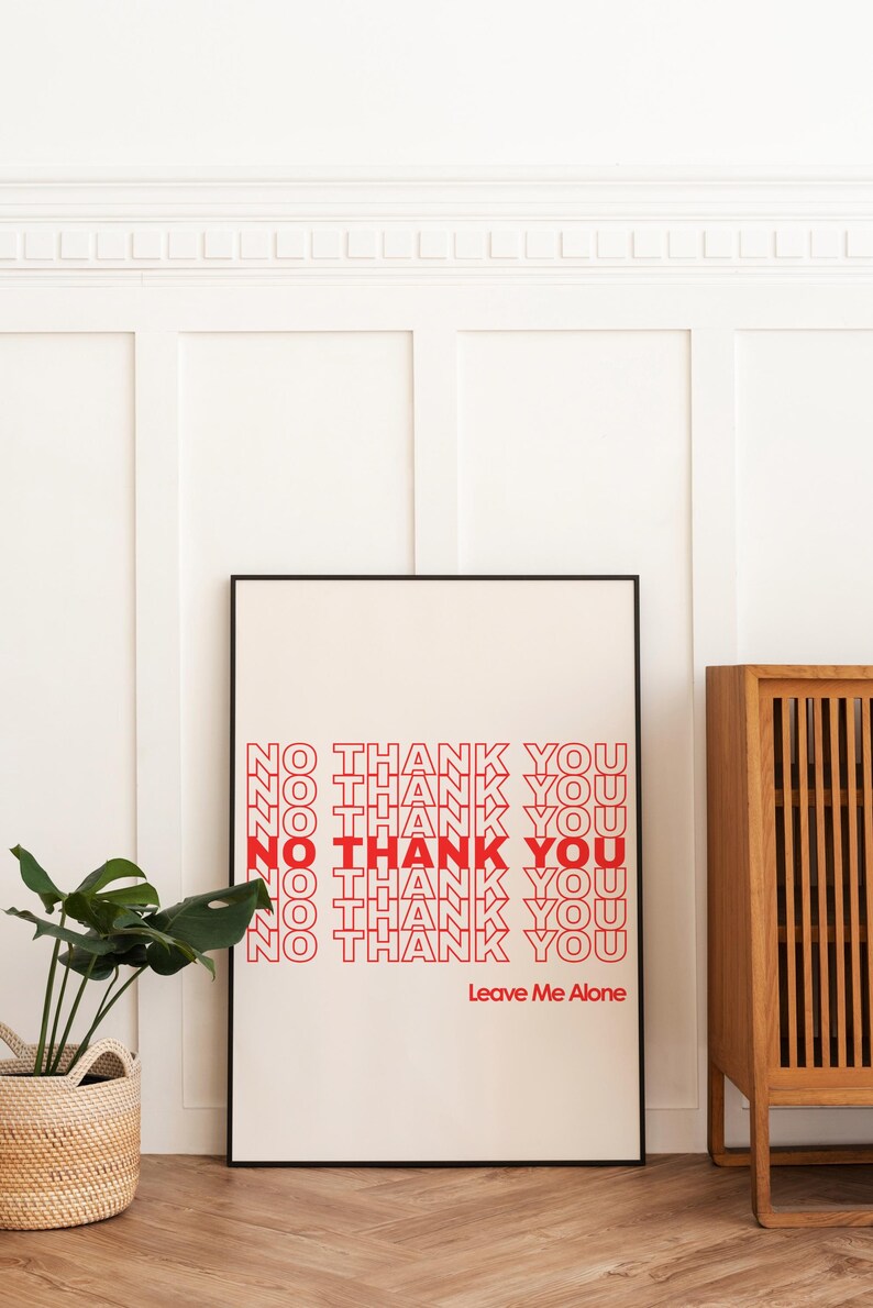 May include: A framed art print with the words "NO THANK YOU" repeated in red, with the phrase "Leave Me Alone" below. The print is displayed against a white wall, with a plant in a woven basket to the left.