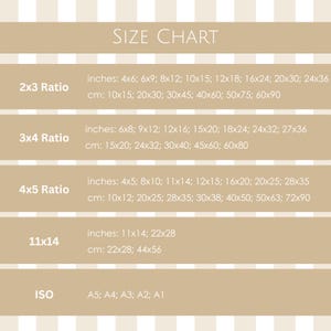 May include: A beige size chart with text in black, listing print sizes in inches and centimeters. The chart includes sizes for 2x3, 3x4, 4x5, 11x14 ratios, and ISO sizes A5, A4, A3, A2, and A1.