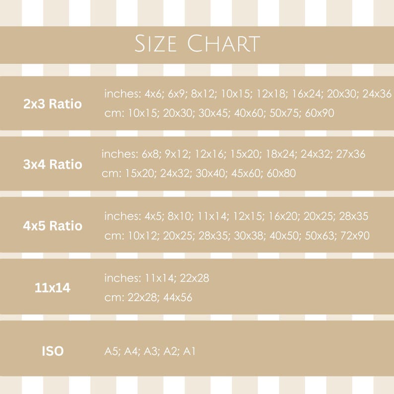 May include: A beige size chart with text in black, listing print sizes in inches and centimeters. The chart includes sizes for 2x3, 3x4, 4x5, 11x14 ratios, and ISO sizes A5, A4, A3, A2, and A1.