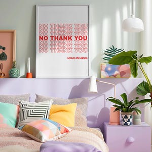 May include: A bedroom scene with a bed featuring colorful pillows and bedding. A framed print on the wall reads "NO THANK YOU" in red text. The room is decorated in pastel colors with a nightstand and a potted plant.