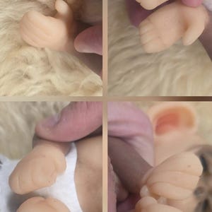 May include: A four-panel composite image showing close-up views of a doll's hands and feet. The limbs are made of a light-toned, smooth material with molded fingers and toes. The doll is wearing a white diaper in one of the lower panels.