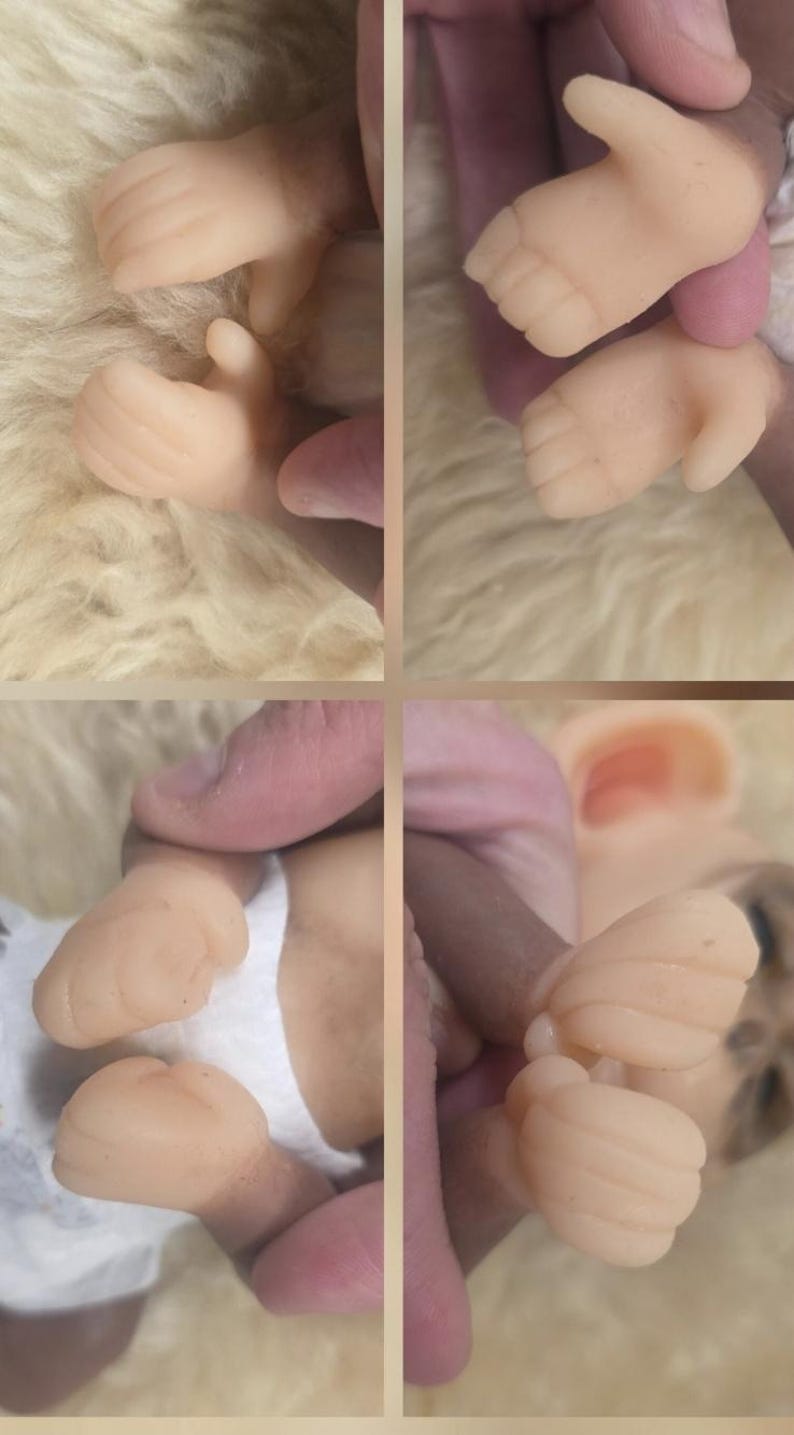 May include: A four-panel composite image showing close-up views of a doll's hands and feet. The limbs are made of a light-toned, smooth material with molded fingers and toes. The doll is wearing a white diaper in one of the lower panels.