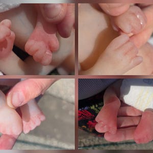 May include: A silicone reborn baby doll featuring realistic skin tones with pinkish undertones, detailed tiny fingers, and small toes. The doll is shown in four separate close-up views highlighting the hands and feet, with a white diaper visible.