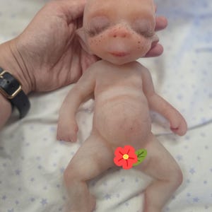 May include: A small, pale, fantasy-style doll with a rounded head, pointed ears, and closed eyes featuring long, dark eyelashes. The doll has a smooth, light-toned body with subtle freckles across the nose and cheeks, and a red flower graphic.