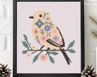 Tiny Bird With Flowers Cross Stitch Pattern PDF - Instant Download, Floral Songbird Embroidery, Cozy Tiny Birdie, Cute Woodland Animals