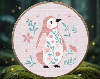 Pink Penguin With Flower Cross Stitch Pattern PDF - Instant Download, Floral Pengıin Embroidery, Tiny easy cute animal, Cute Woodland Animal