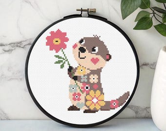 Sea Otter With Flower Cross Stitch Pattern PDF - Instant Download, Floral Otter Embroidery, Tiny easy cute animal, Cute Woodland Animals