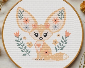 Fennec Fox Cross Stitch Pattern PDF - Instant Download, Floral Fox Embroidery, Cozy Tiny Cute Fox, Cute Woodland Animals, Sweet Fox Pattern