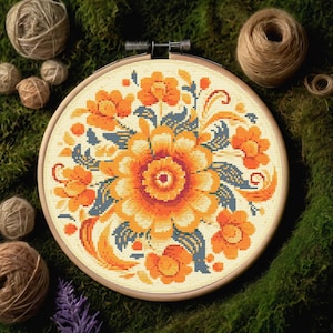 Fiery Blossom Mandala Cross Stitch Pattern – Boho Floral Embroidery PDF – Floral Mandala Cross Stitch Pattern – Floral Mandala XStitch PDF