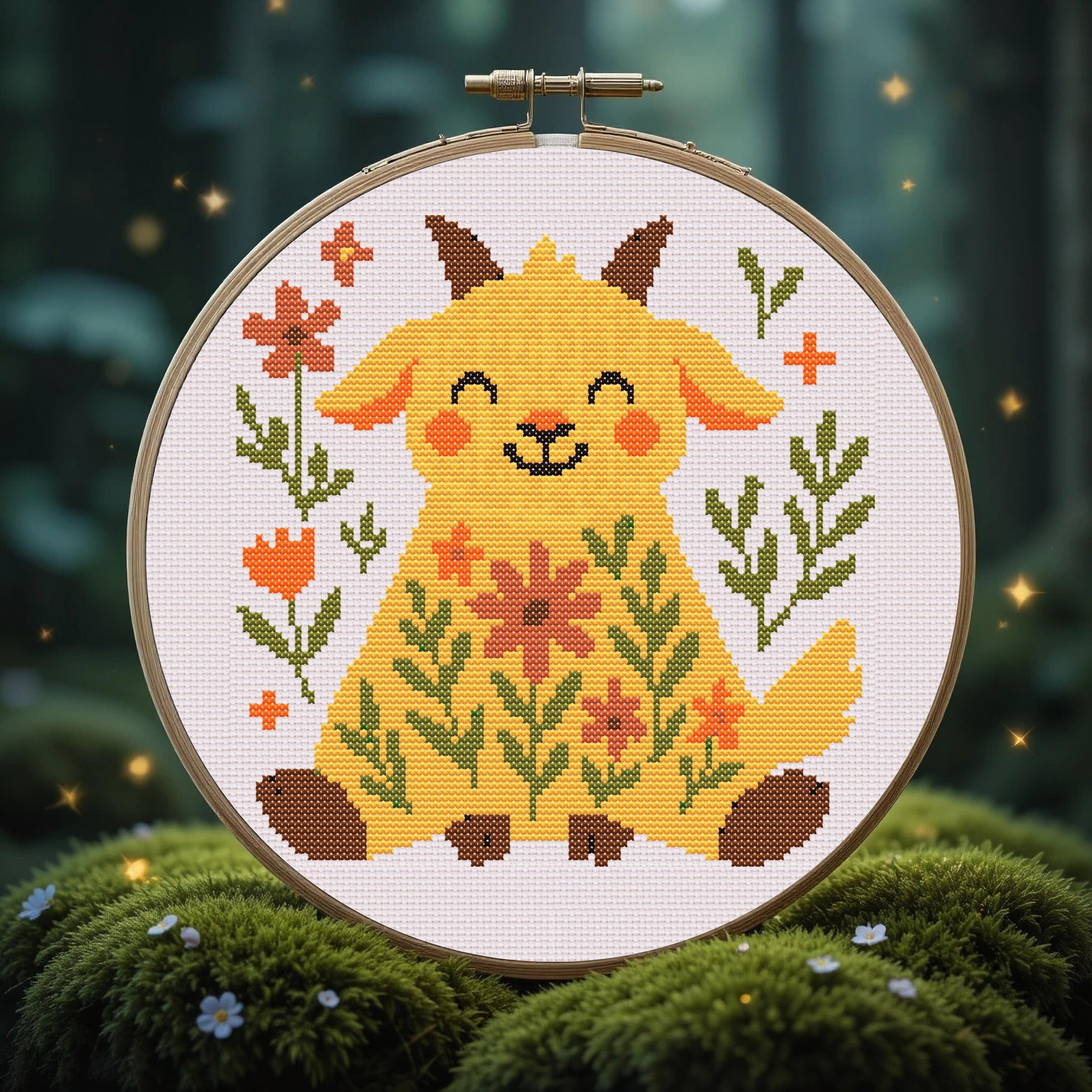 Happy Goat with Flowers Cross Stitch Pattern PDF - Instant Download, Floral Goat Embroidery, Tiny Cute Goat, Cute Woodland Animals Pattern