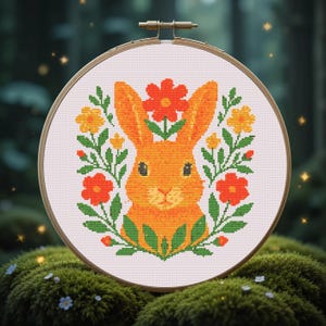 Floral Spring with Rabbit Cross Stitch Pattern PDF - Instant Download, Floral Yellow Bunny, Hare Pets, Cute Farm Animals, Easter